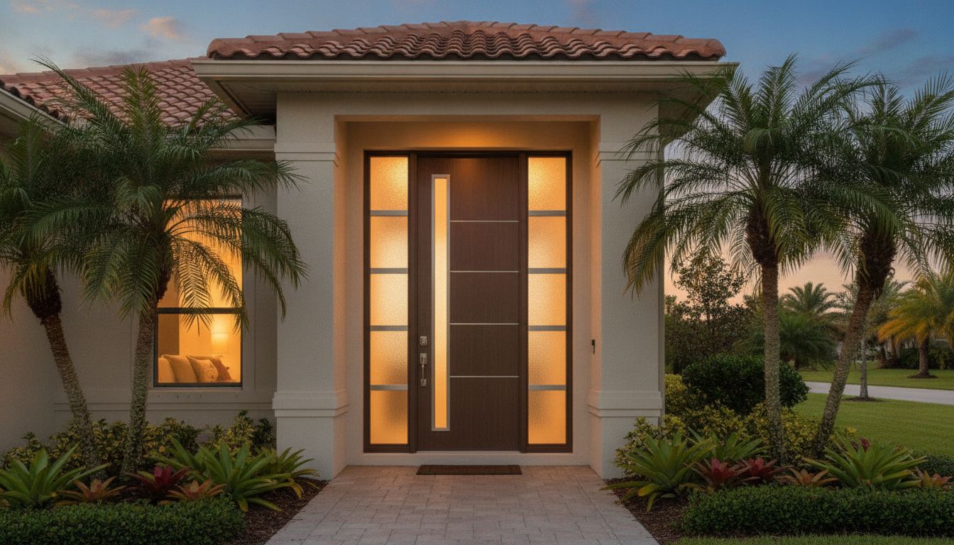 Finished modern entry door with tall glass sidelights on a stucco home