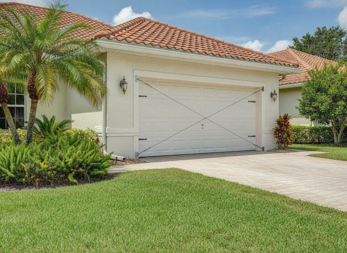 Garage exterior with wind-bracing hardware